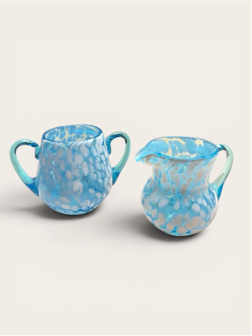 Hand Blown Aqua Blue Art Glass Creamer & Sugar Bowl Set | Studio Glass | Coastal - Picture 2 of 7